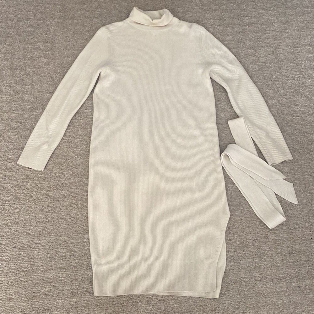 All Saints Roza Cashmere Wool Turtleneck Sweater Ribbed Midi Dress Cream White - Picture 6 of 11